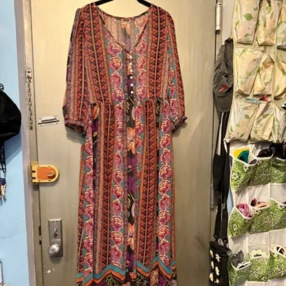 Boho Retro Chiffon Long Sleeve Geometric Floral Maxi Dresses - Picture 2 of 16